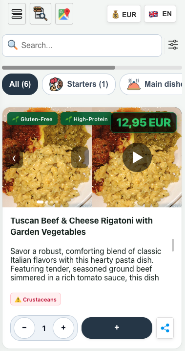 A ComidaMap menu showing dishes and prices on a phone