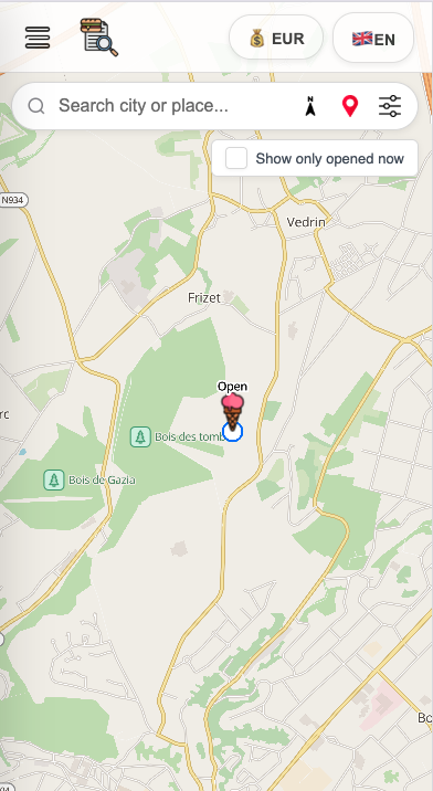 ComidaMap map on a phone, showing nearby places to discover food and drinks
