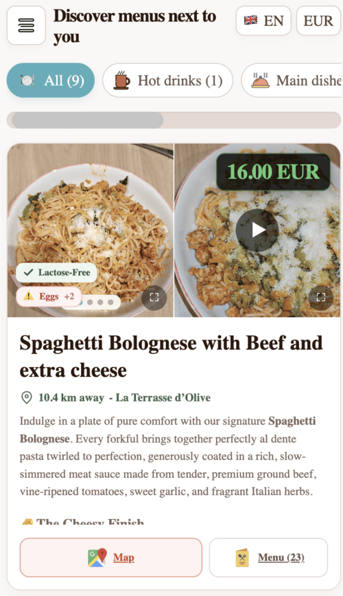 ComidaMap food search showing menu items customers can discover near their location